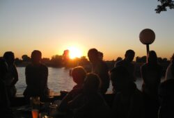 beer garden, sunset, fun, quitting time, nature, summer, flow, rhine, drink, to celebrate, water, heaven, outdoors, people, the shade, backlighting